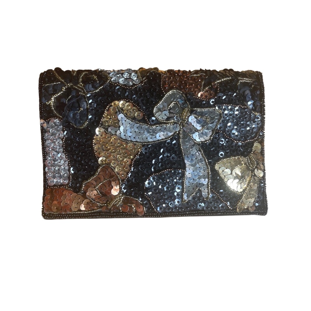 Carla Marchi Vintage Beaded Sequin Bow Evening Clutch Bag Black Gold Silver